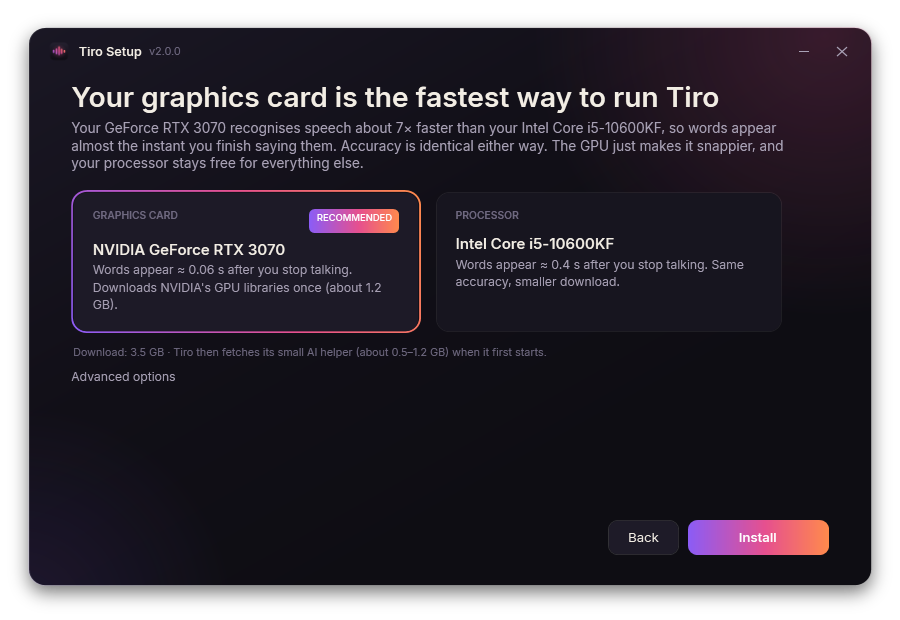 The installer recommends the graphics card